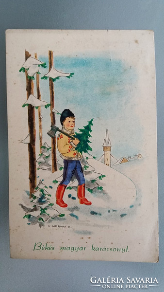 Régi karácsonyi képeslap 1942 népviseletes magyaros rajzos levelezőlap havas táj