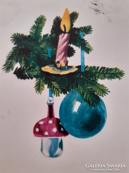 Retro Christmas card old postcard mushroom candle pine branch
