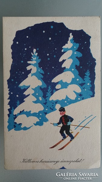 Old Christmas postcard 1965 picture postcard skiing snowy landscape