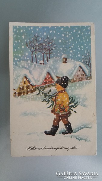 Régi karácsonyi képeslap 1958 rajzos levelezőlap hóesés