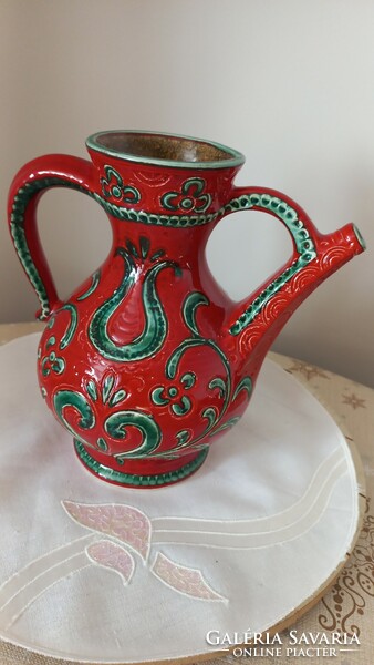 Antique gmunder ceramic spout, beautiful burgundy color with green folk pattern, hand painted, marked