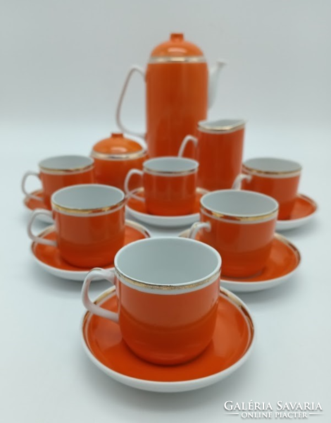 Hollóházi kávés, narancs mokkakészlet 2 (elefánt ormányos)., kávéskészlet a 60-as évekből, retro