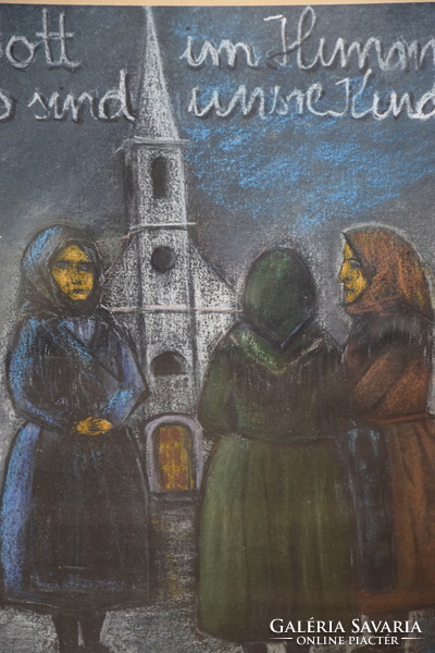 Much? Egyházi Templom falusi életkép nagymamák találkozója Ismeretlen festő