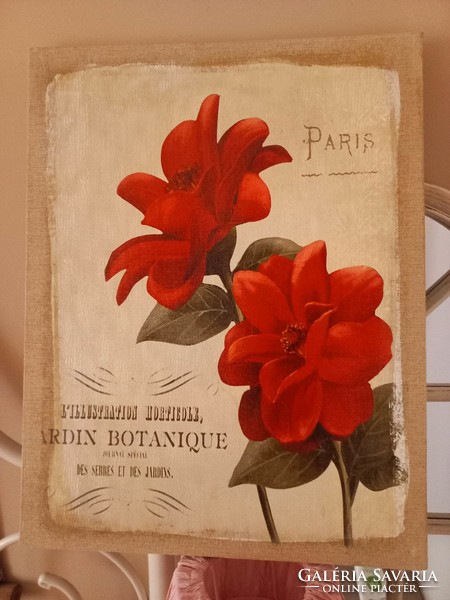 Botanique jardin, floral picture painted on burlap 45x35 cm