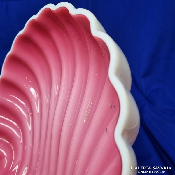 Gyönyörű, ritka két rétegű rózsaszín, antik üveg kagyló formájú kínáló tál asztal közép 27 cm