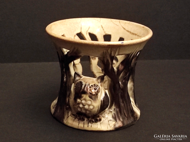 Owl and tree trunk: Pápai kata industrial arts ceramic candle holder, 9cm high, flawless
