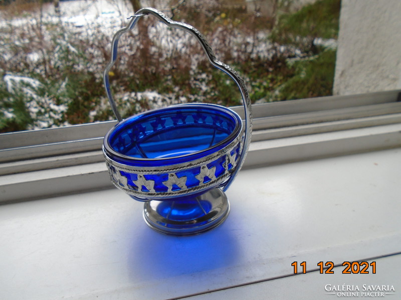 Marked cobalt glass sugar bowl with metal basket