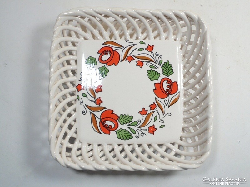 Retro marked Bodrog Kresztúr woven openwork ceramic painted bowl basket table decoration