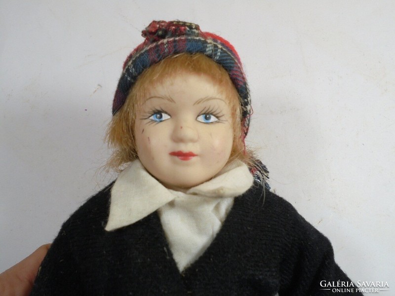 Retro vintage old toy porcelain doll in folk costume - Scottish checkered dress - height: 22 cm