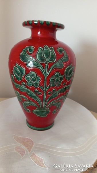 Gmundner antique ceramic vase, engraved and hand painted, marked, glued on part of the top of the vase