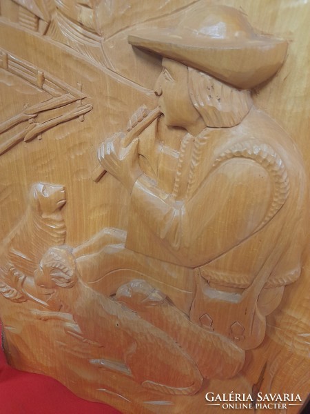 Large-scale shepherd with his sheep and dog in a mountain pasture wood-carved wall picture, picture, life picture. 67 Cm.