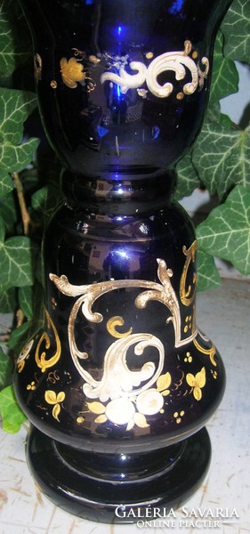 Antique cobalt blue curled, blown, hand-painted glass vase,