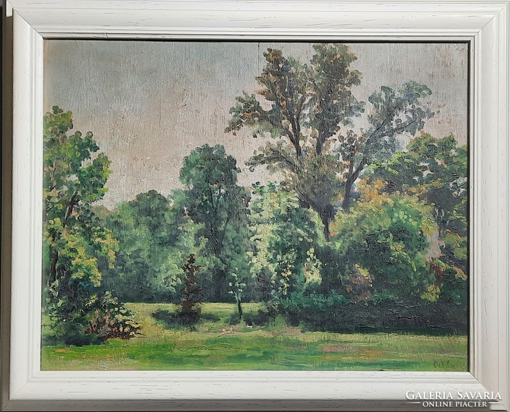 Orbán jelzéssel: Parkrészlet - olaj, fa, 27x34 cm