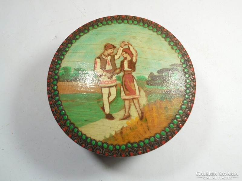Régi retro fa jelzett kézzel festett népi díszdoboz ajándék doboz Román kézműves- kb. 1960-70