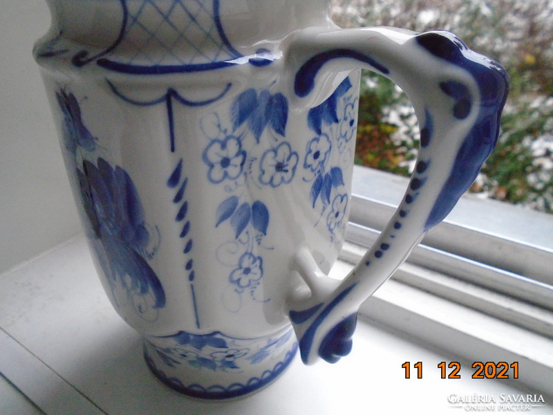 Spectacular hand-painted cobalt blue rooster pattern cup with a plastic fish with Gzel Czarist Russian mark