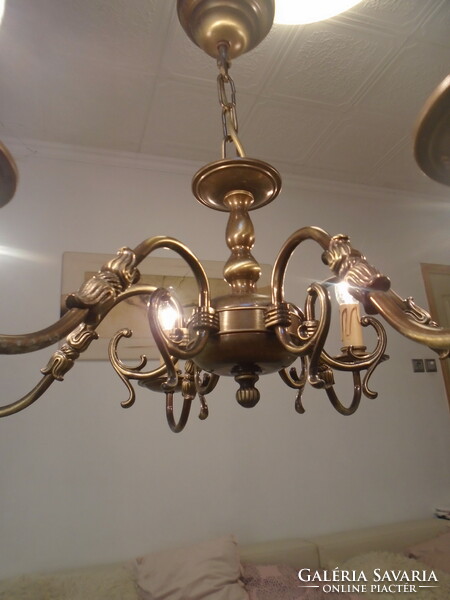 Nice old patinated 6-arm Flemish bronzed copper chandelier and 2 accompanying wall arms