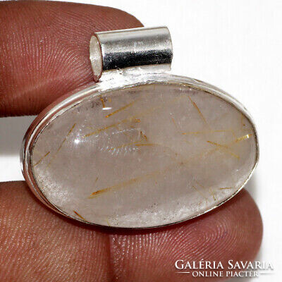 Rarity! Gold rutile quartz semi-precious stone silver pendant from Germany