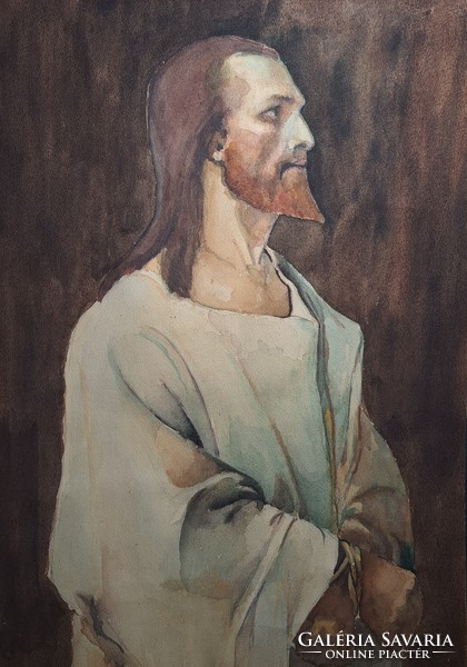 Christ before Pilate - old watercolor copy after Mihály Munkacsy - portrait of Jesus, detail