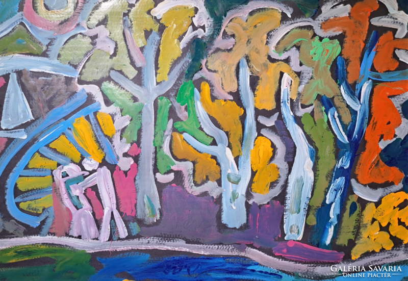 Miklós Németh: lovers in the forest (enamel paint, full size 70x100 cm)