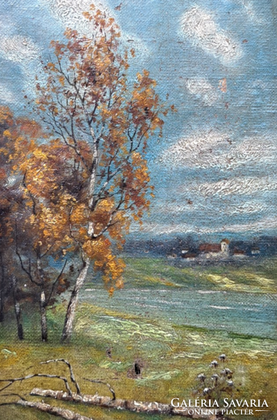Landscape with birch - antique oil painting with unidentified marking (full size 31x40 cm)