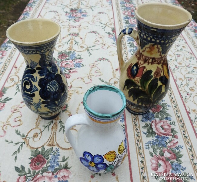 Old ceramic goblet - set of earthenware jugs with handles - set of 3