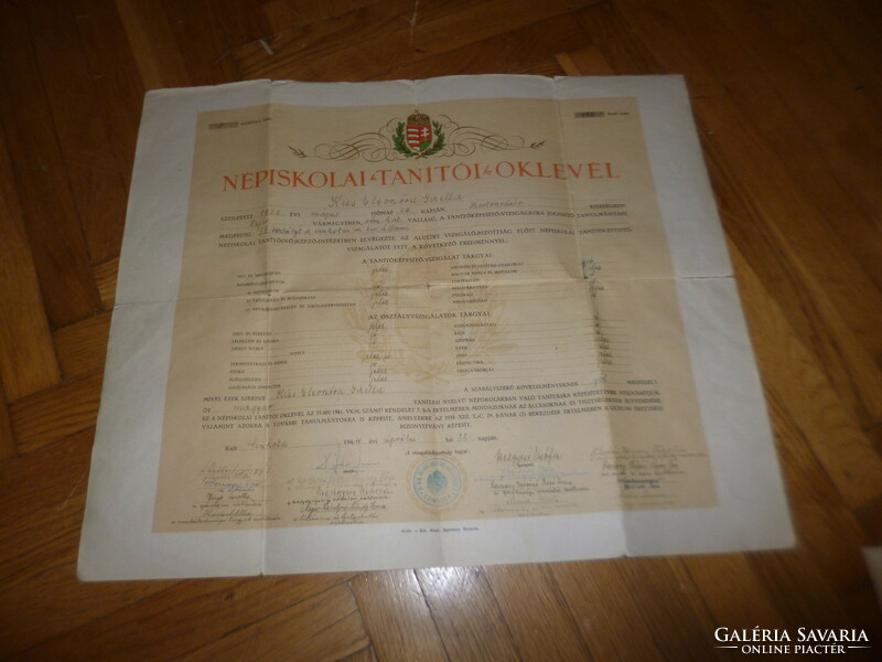 Old folk school teacher's certificate 1944 cinkota 50x42cm