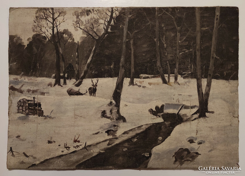 Téli erdő szarvasokkal, olaj, vászon, kartonra kasírozva, 35,5 x 50,5 cm