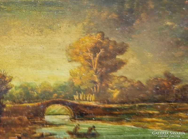 Miniatűr festmény különlegesség - tájkép híddal, Matzon (teljes méret 23x20 cm, a mű maga 5x4 cm)