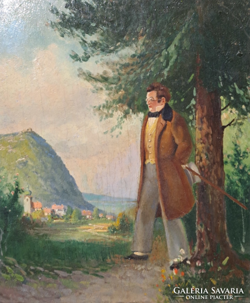 Franz Schubert - a merengő komponista portréja - olaj, fa, (35x40 cm)