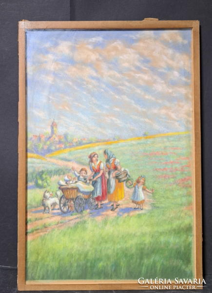 Tavaszi jelenet gyerekekkel - 1938, Prosek jelzés, pasztell (34,5x23,5 cm)