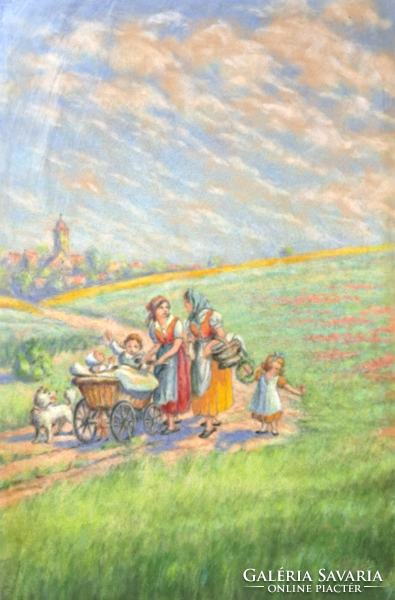 Tavaszi jelenet gyerekekkel - 1938, Prosek jelzés, pasztell (34,5x23,5 cm)