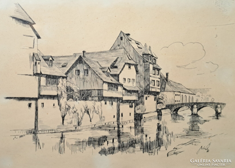 Riverside village - pen drawing with unidentified mark (full size 46x36 cm)