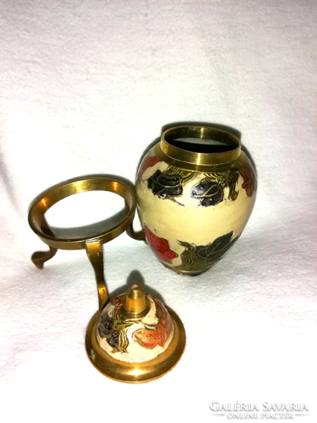 Three-part copper vase with compartment enamel lid