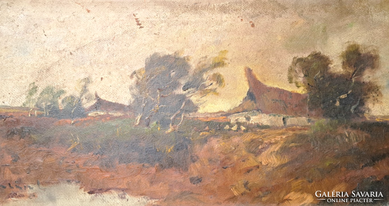 Landscape with farm, fisherman l. With marking - oil painting (full size 56x34.5 cm)