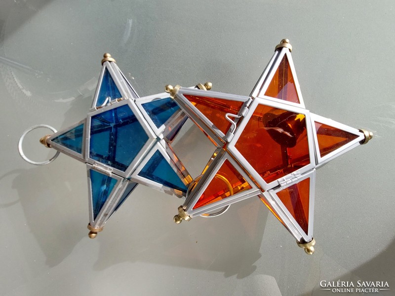 Karácsonyi nagy csillag függeszthető mécsestartó kék narancssárga üvegcsillag 2 db