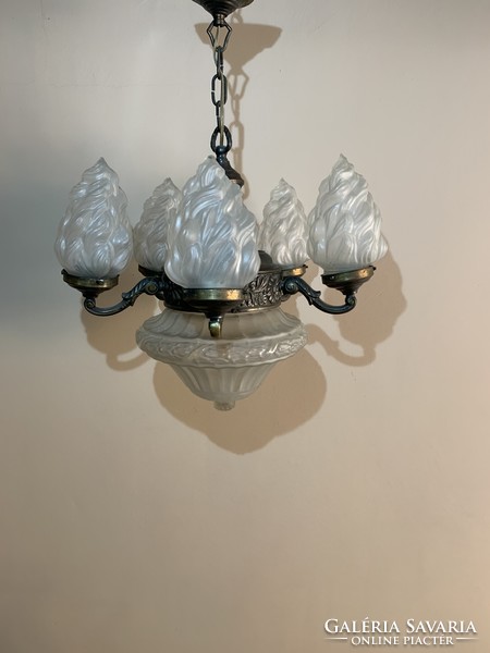 5-arm antique bronze chandelier with flame shade