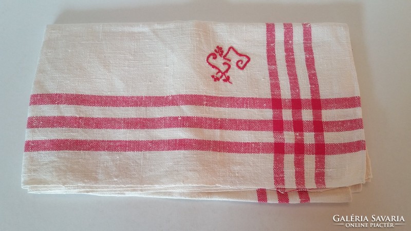 Régi konyhai textil vintage törölköző lenvászon csíkos monogramos konyharuha