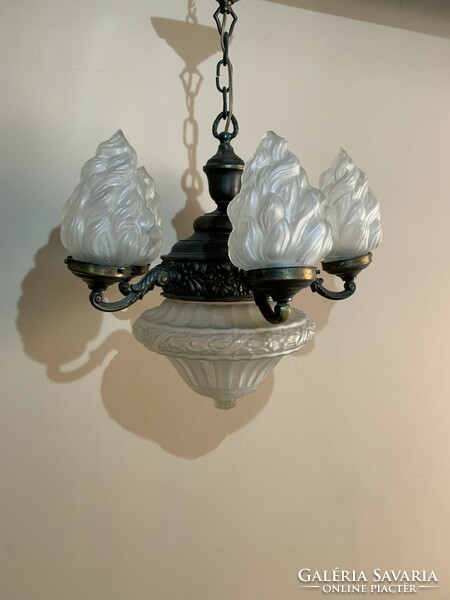 5-arm antique bronze chandelier with flame shade