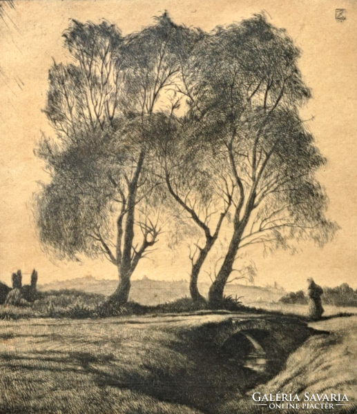 Etching landscape from 1931 - marked (full size 31.5x25.5 cm)