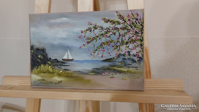 (K) landscape painting, waterfront with small boat 20x30 cm