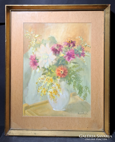 Virágcsendélet akvarell, Czene Anikó (?) jelzéssel (teljes méret 54x43 cm)