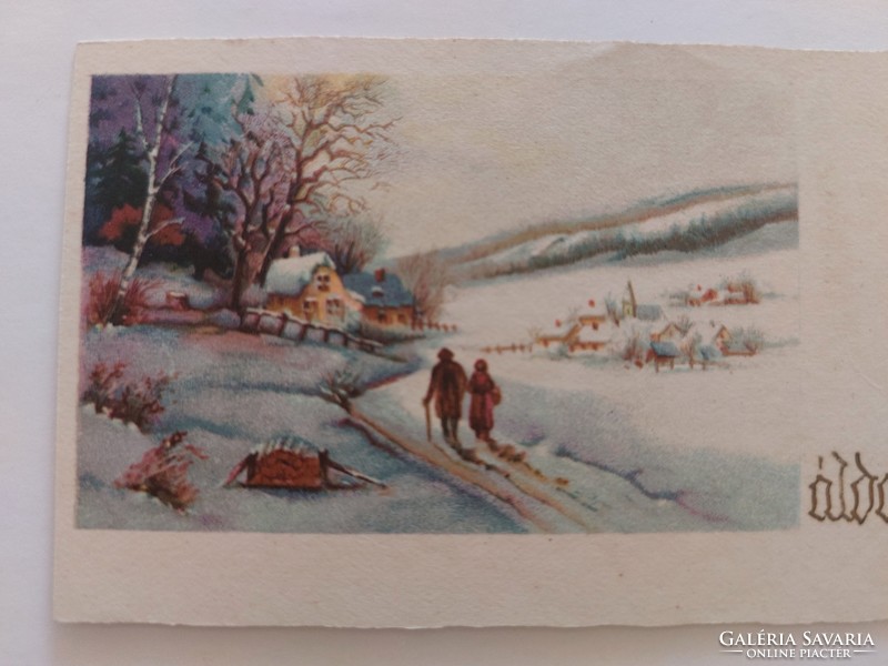 Régi karácsonyi mini képeslap üdvözlőkártya havas táj házikók