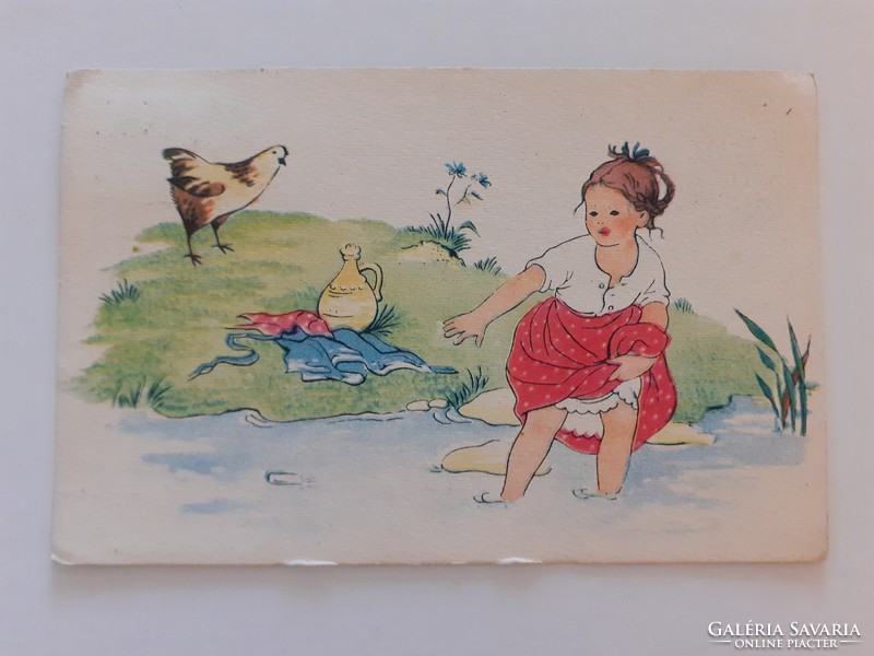 Régi képeslap 1954 vízpart tyúk kislány rajzos levelezőlap
