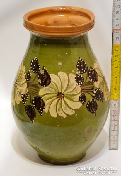 Folk, black, white floral, light green glazed ceramic milk jug (2462)
