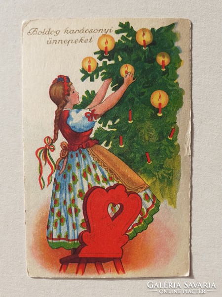 Régi karácsonyi képeslap 1940 körül népviseletes rajzos levelezőlap