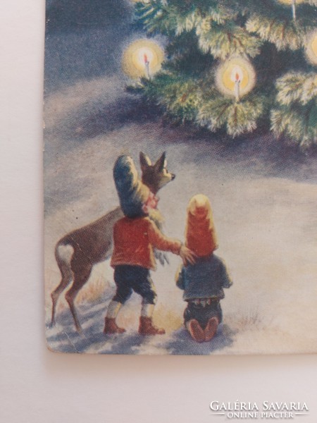 Régi karácsonyi képeslap 1930 C. Öhler művészlap levelezőlap törpe őzike karácsonyfa