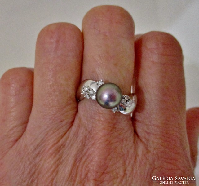 Wonderful old art deco 18kt gold ring with Tahitian pearl and 0.18ct brill sale!