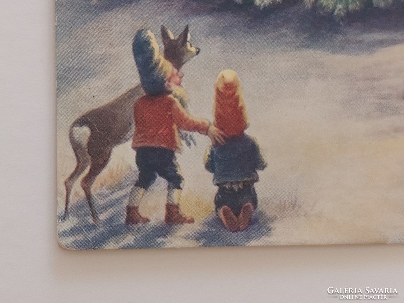 Régi karácsonyi képeslap 1930 C. Öhler művészlap levelezőlap törpe őzike karácsonyfa