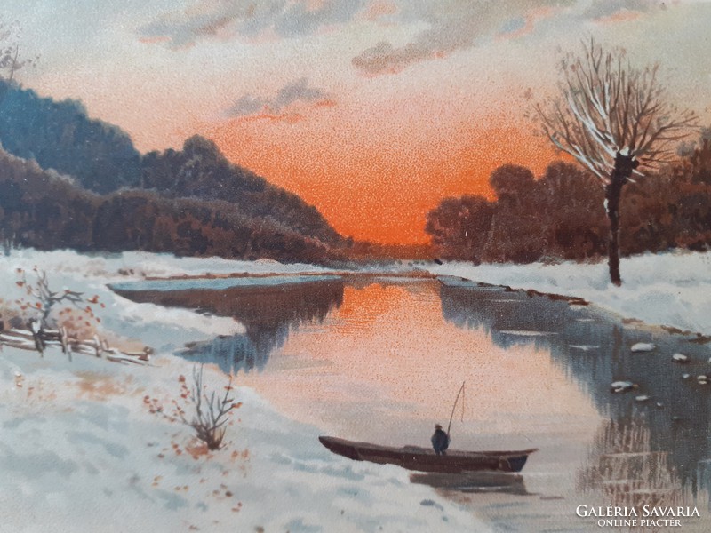 Old postcard winter landscape sunset postcard