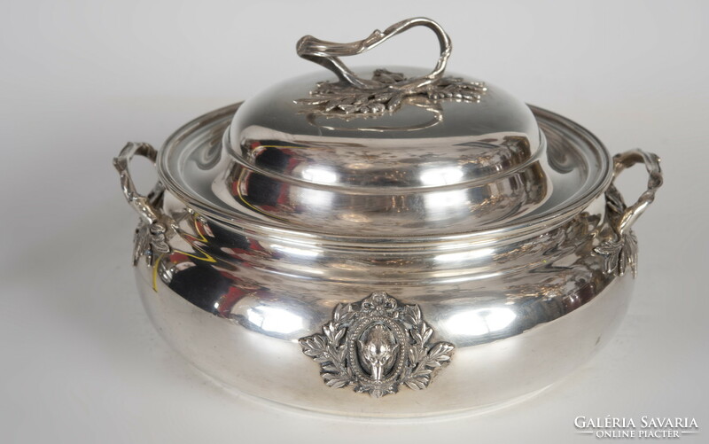 Silver covered bowl with leaf pattern tongs, wild boar decoration